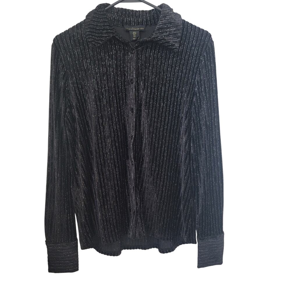 House of Harlow Black Velvet Striped Button Up Long Sleeve‎ Metallic Sheer Small